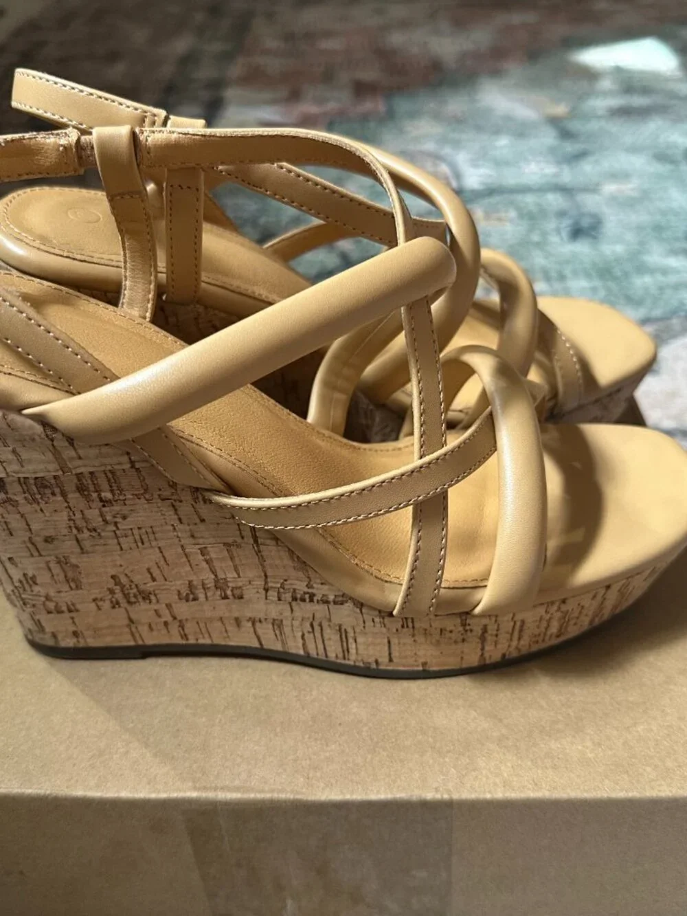NIB Tan Strappy Padded Cork Wedges | Summer Boho-Glam Sandals